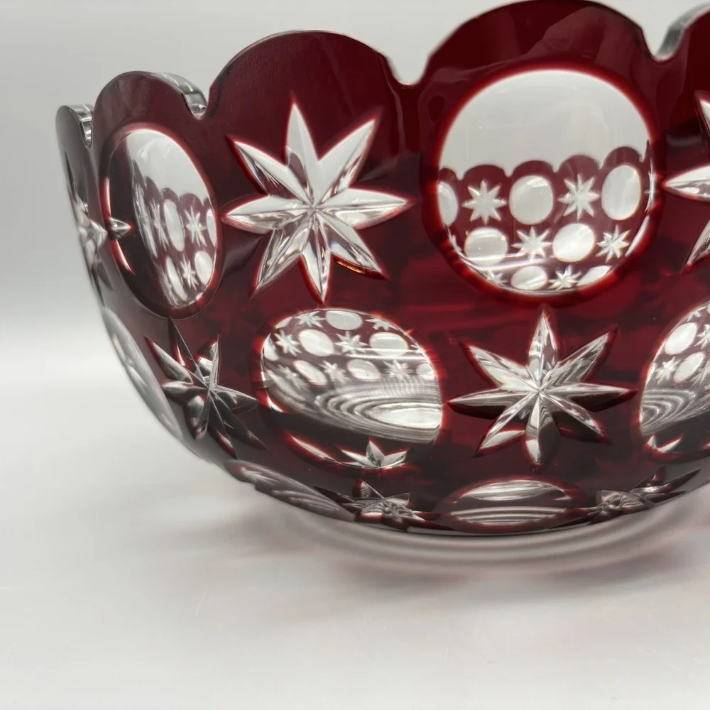 Vintage Bohemian Hand Cut Crystal Glass Ruby to‎ Clear bowl SIGNED 8.75